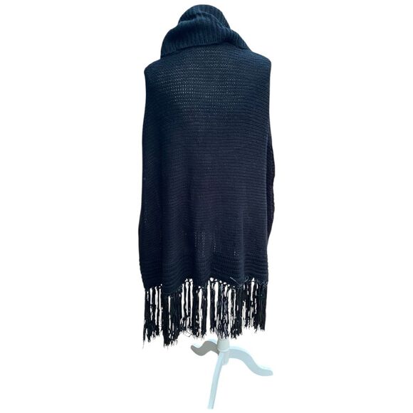 Ashley Stewart Black Faux Leather Trim Fringe Hem Knit Turtleneck Tunic/Poncho - Picture 4 of 12